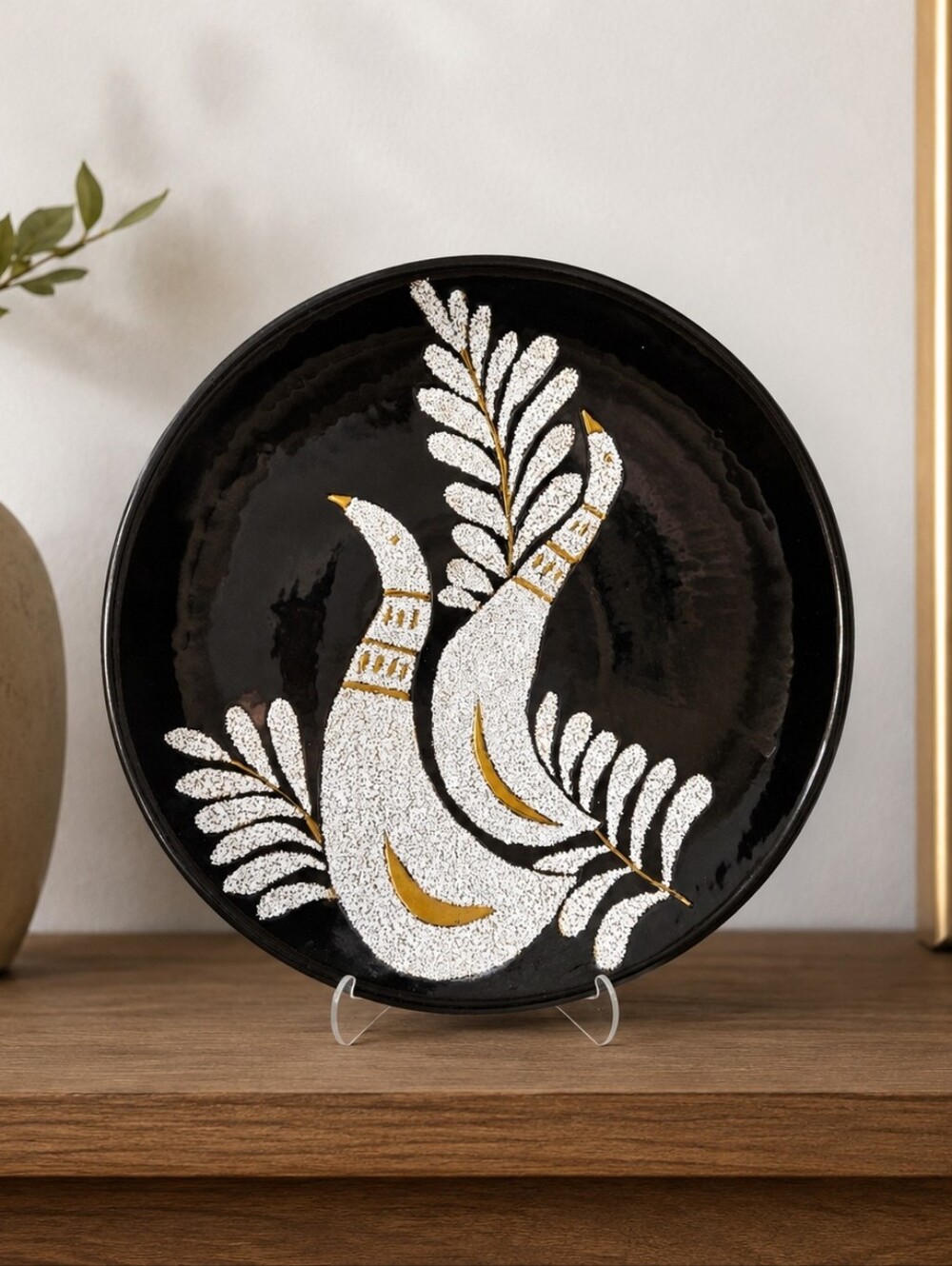 Vtg Decorative Art Deco Partridges Black Plate Signed 1983 3D Gold Tone Accents